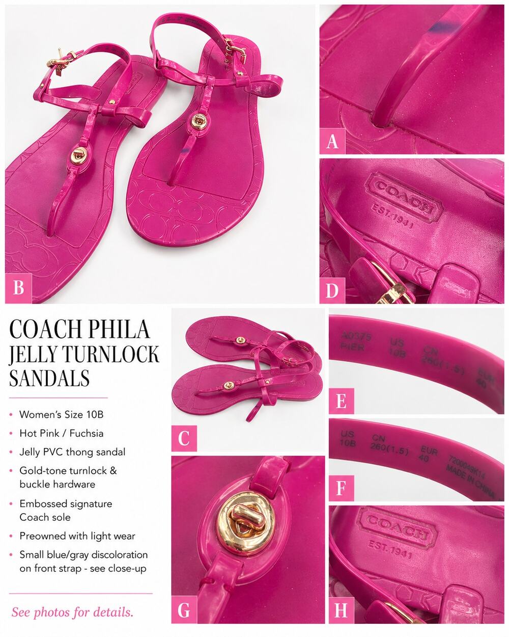 Coach Phila Jelly Turnlock Sandals Women’s 10B Hot Pink Fuchsia Gold Hardware